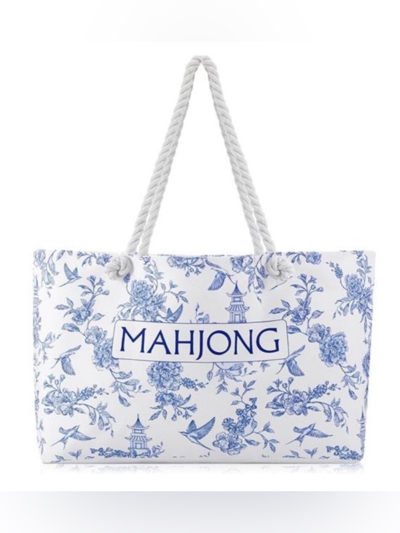 New Blue & White Chinoiserie Mahjong Canvas Tote Bag | Rope Handle Carryall — image 2 of 2